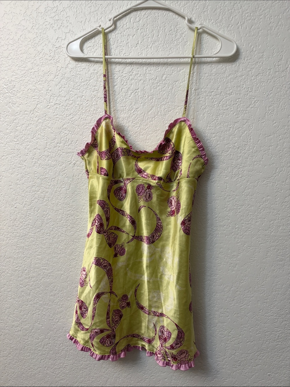 Victoria's Secret Lime Green Satin Slip with Pink Trim